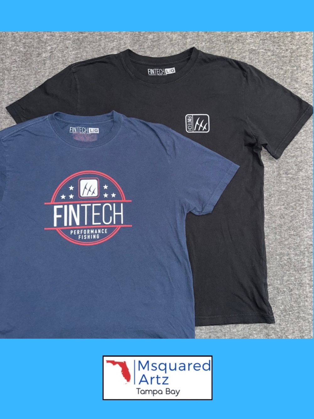 Fintech Performance Fishing Men’s Large T-Shirt Lot of 2 Black Navy Graphic Tees